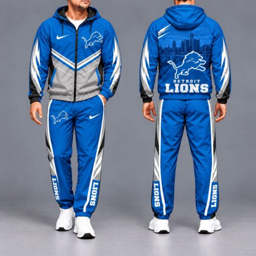 Detroit Lions | Premium NFL Sports Team Graphic Waterproof Polyester Hooded Windbreaker Tracksuit Set