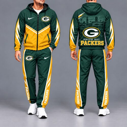 Green Bay Packers | Premium NFL Sports Team Graphic Waterproof Polyester Hooded Windbreaker Tracksuit Set