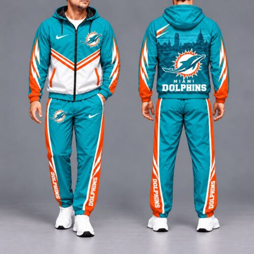 Miami Dolphins | Premium NFL Sports Team Graphic Waterproof Polyester Hooded Windbreaker Tracksuit Set