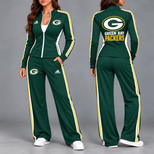Green Bay Packers | Premium NFL Game Day Ready Sporty Zip-Up Jacket & Wide-Leg Pants Two-Piece Tracksuit Set