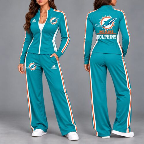 Miami Dolphins | Premium NFL Game Day Ready Sporty Zip-Up Jacket & Wide-Leg Pants Two-Piece Tracksuit Set