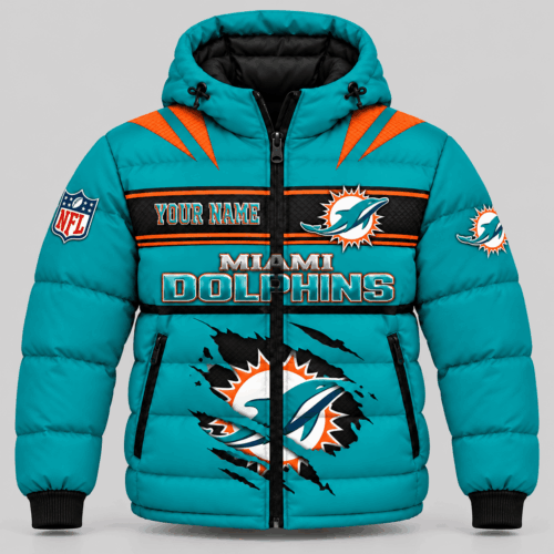 Miami Dolphins | NFL Torn Logo Hooded Puffer Jacket TD