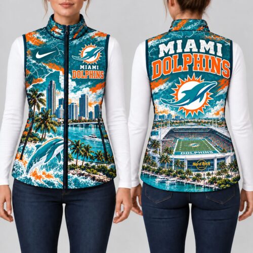 Miami Dolphins | Premium NFL Sports Graphic Lightweight Puffer Vest Sleeveless Zip Up Winter Jacket NY