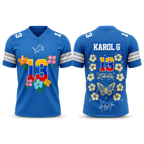 Lions Karol G Viajando Por El Mundo Tropitour 2027 Jersey Detroit Lions Merch Gifts For Him